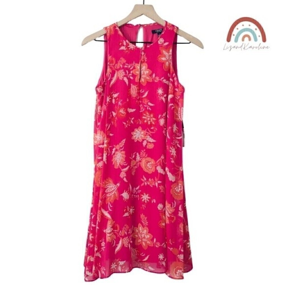 New! Chaps Trapeze Hibiscus Floral Sleeveless Sundress Pink Orange Summer Dress